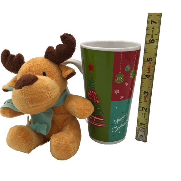 Tall Ceramic Merry Christmas Holiday Coffee Mug With Reindeer Plush Ornament - Picture 4 of 7